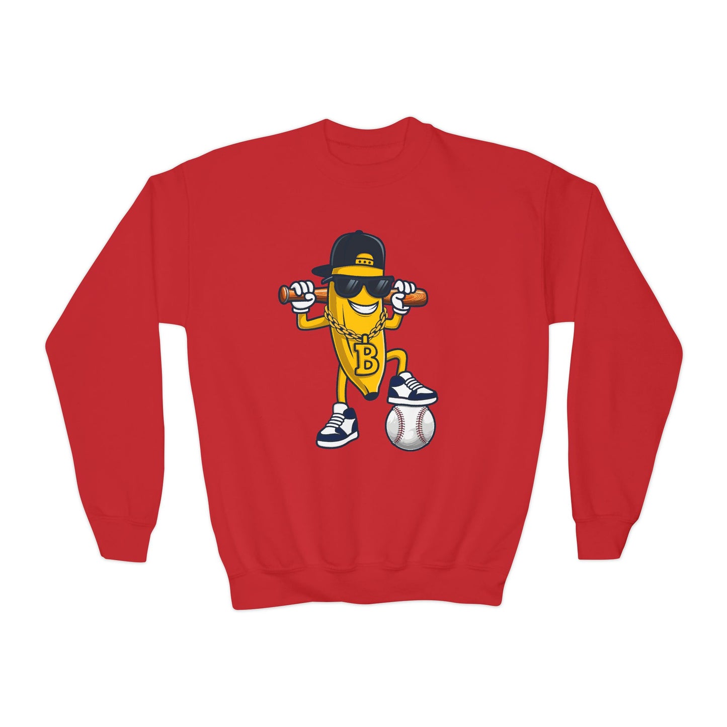 Cool Baseball Banana Youth Crewneck Sweatshirt, Funny Sports Apparel, Kid's Gift, Everyday Wear, Birthday Present, Summer Fun