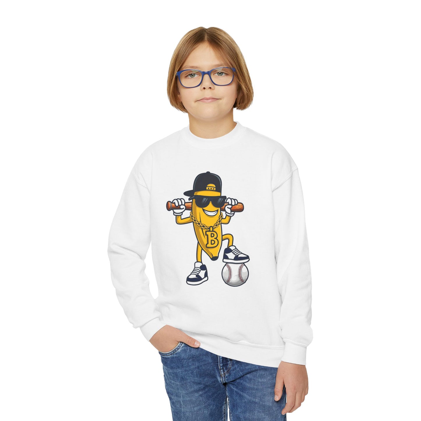 Cool Baseball Banana Youth Crewneck Sweatshirt, Funny Sports Apparel, Kid's Gift, Everyday Wear, Birthday Present, Summer Fun