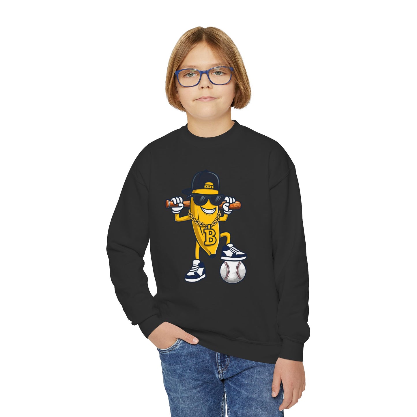 Cool Baseball Banana Youth Crewneck Sweatshirt, Funny Sports Apparel, Kid's Gift, Everyday Wear, Birthday Present, Summer Fun