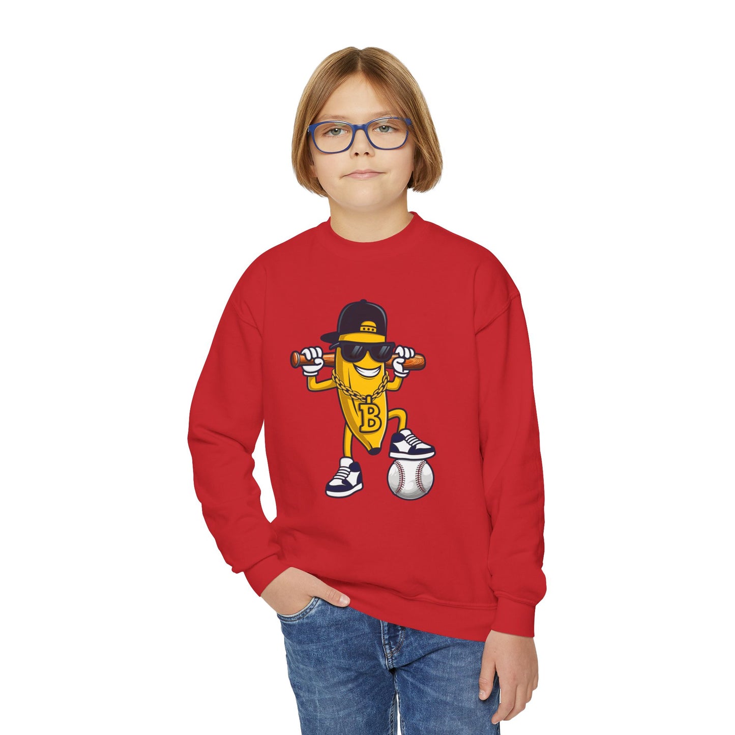 Cool Baseball Banana Youth Crewneck Sweatshirt, Funny Sports Apparel, Kid's Gift, Everyday Wear, Birthday Present, Summer Fun