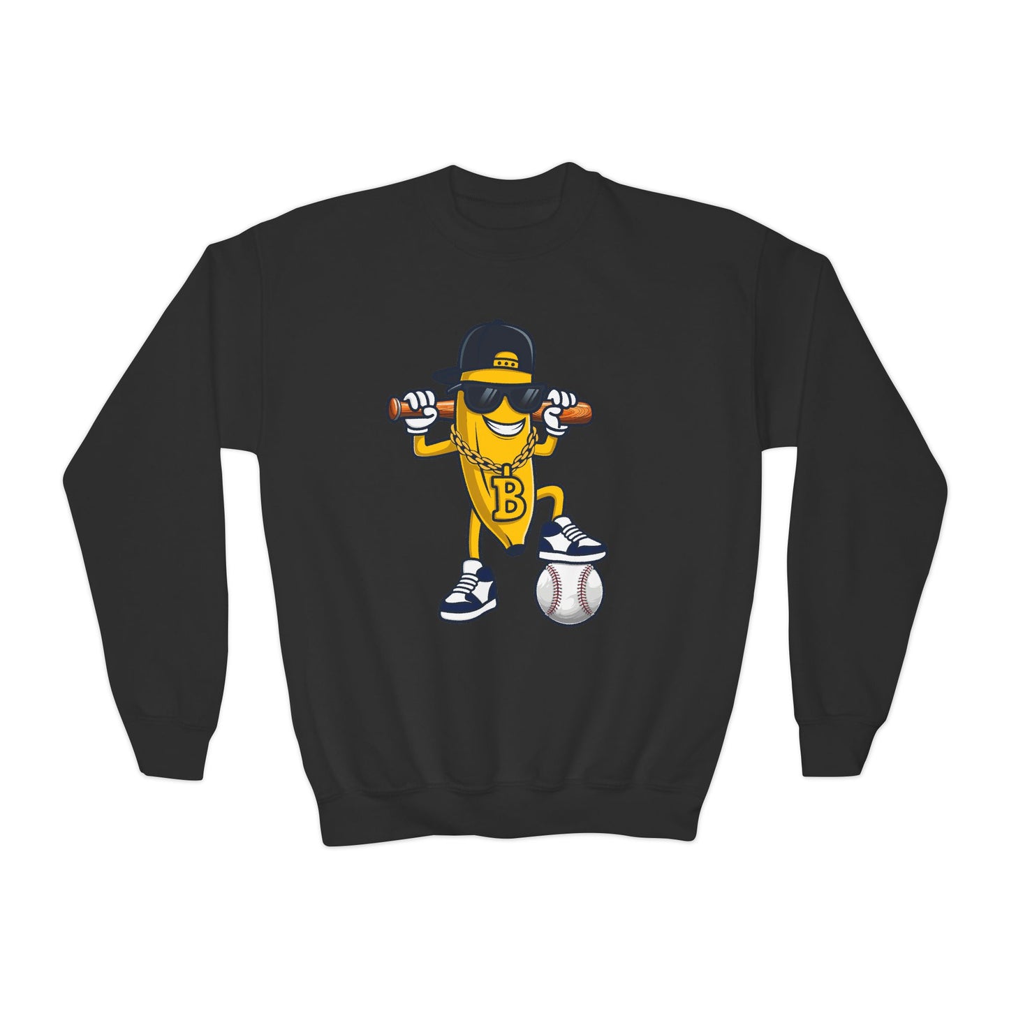 Cool Baseball Banana Youth Crewneck Sweatshirt, Funny Sports Apparel, Kid's Gift, Everyday Wear, Birthday Present, Summer Fun