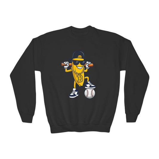 Cool Baseball Banana Youth Crewneck Sweatshirt, Funny Sports Apparel, Kid's Gift, Everyday Wear, Birthday Present, Summer Fun