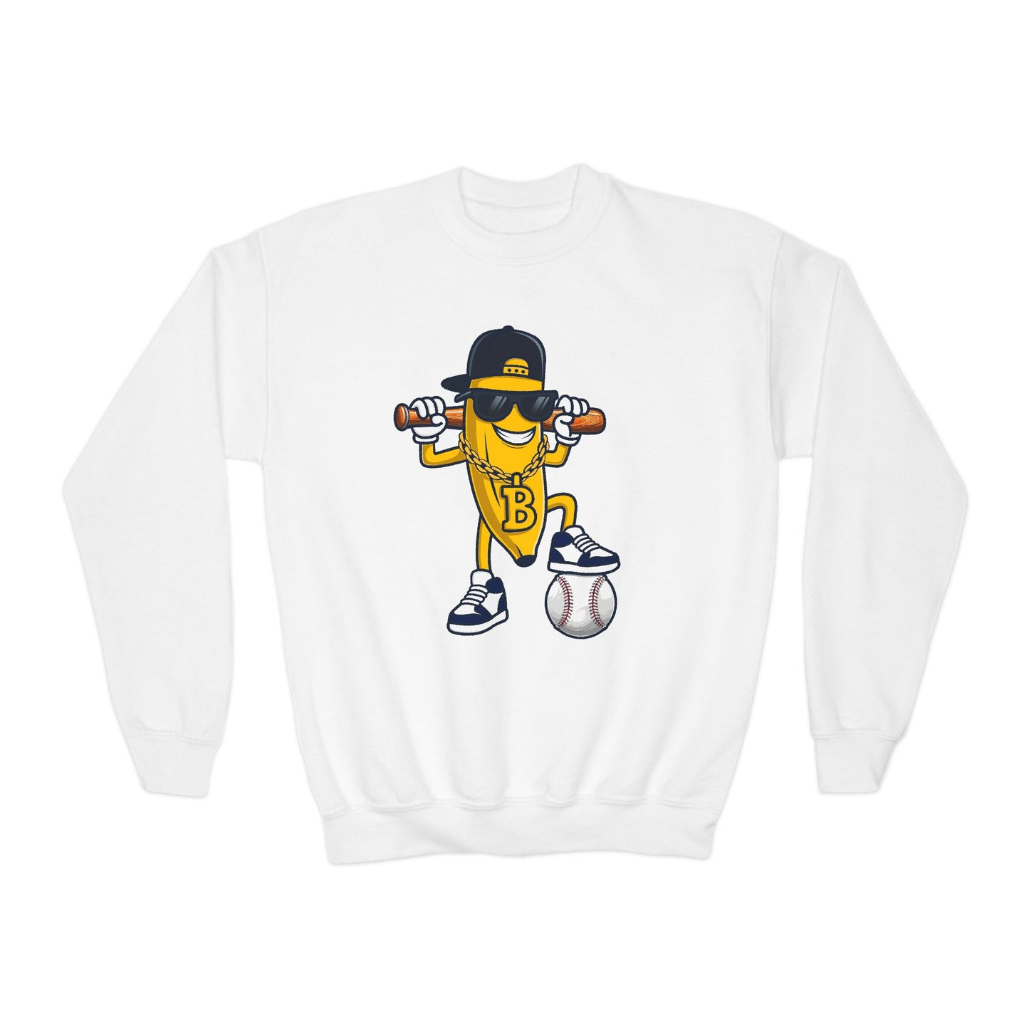 Cool Baseball Banana Youth Crewneck Sweatshirt, Funny Sports Apparel, Kid's Gift, Everyday Wear, Birthday Present, Summer Fun