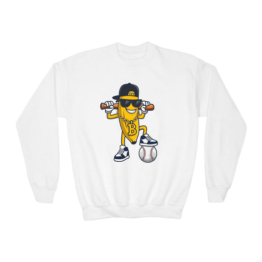 Cool Baseball Banana Youth Crewneck Sweatshirt, Funny Sports Apparel, Kid's Gift, Everyday Wear, Birthday Present, Summer Fun