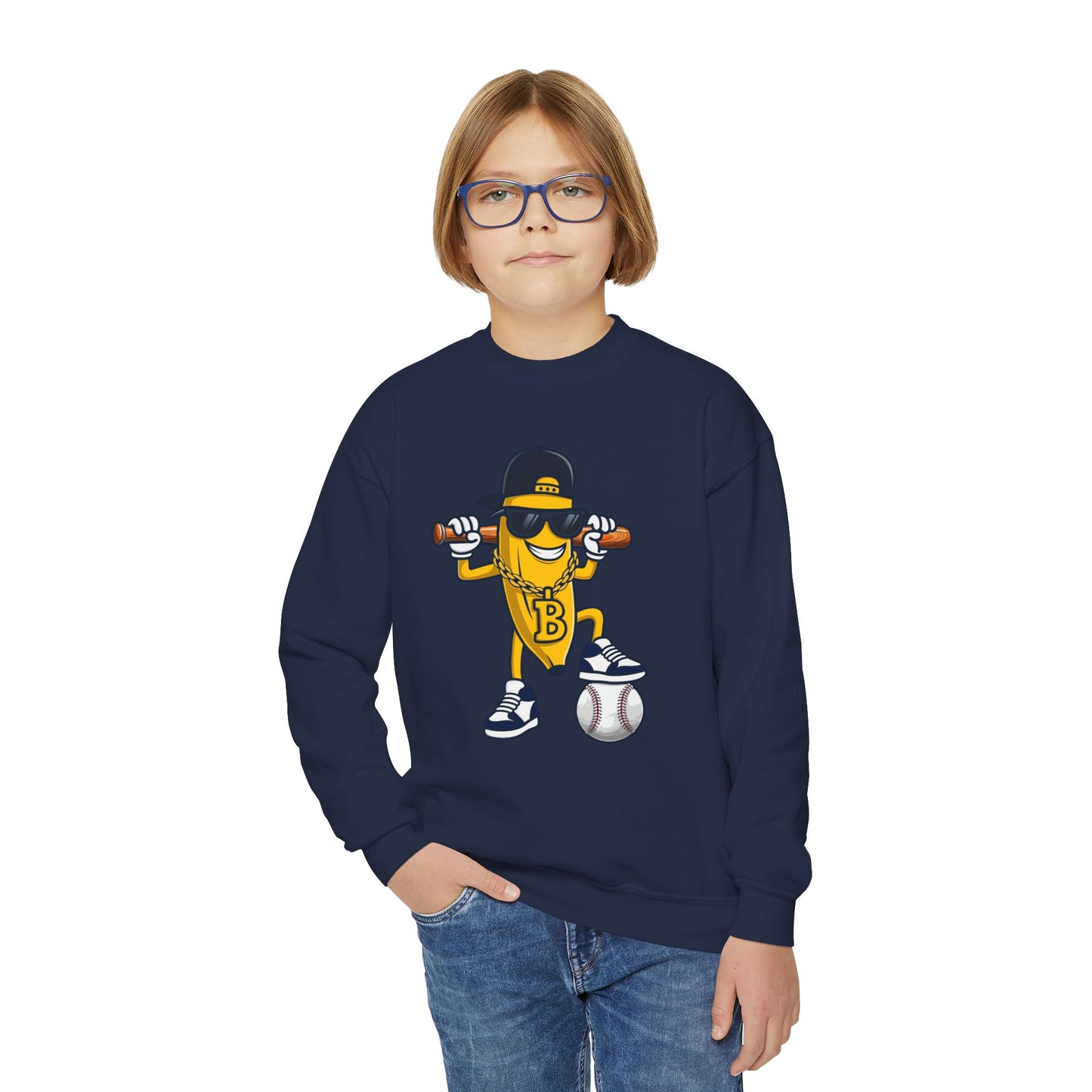 Cool Baseball Banana Youth Crewneck Sweatshirt, Funny Sports Apparel, Kid's Gift, Everyday Wear, Birthday Present, Summer Fun