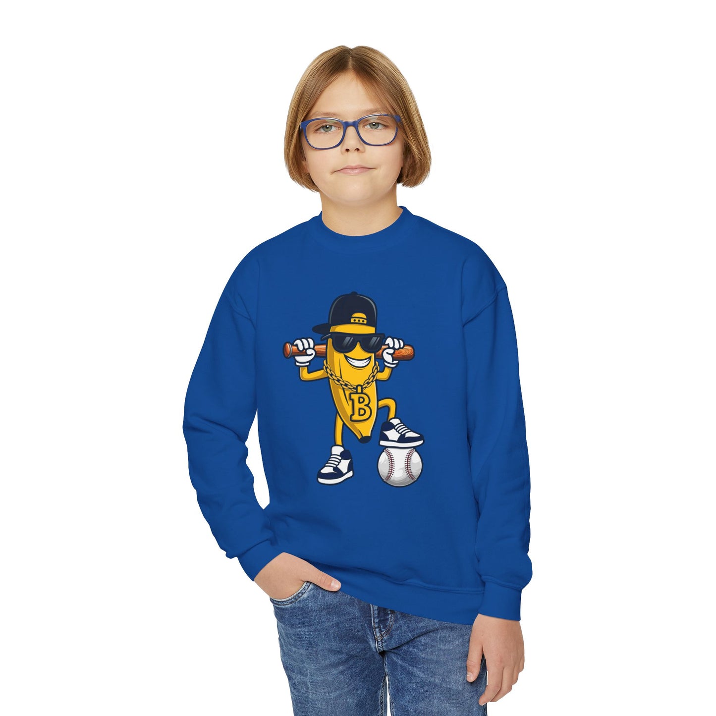 Cool Baseball Banana Youth Crewneck Sweatshirt, Funny Sports Apparel, Kid's Gift, Everyday Wear, Birthday Present, Summer Fun