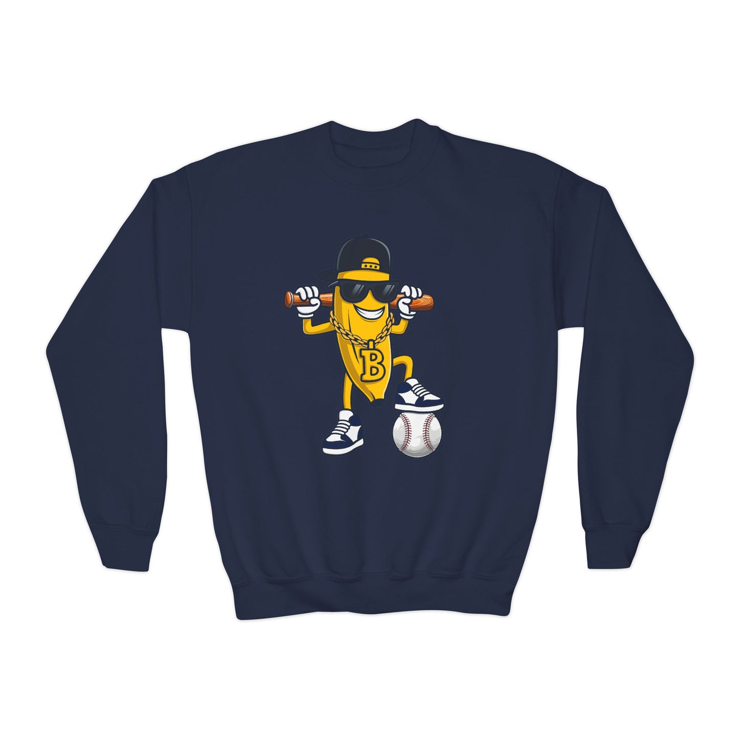 Cool Baseball Banana Youth Crewneck Sweatshirt, Funny Sports Apparel, Kid's Gift, Everyday Wear, Birthday Present, Summer Fun